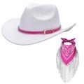 Ibeauti Cowboy Hat with Fringed Bandana Set for Women Wide Brim Western Cowgirl Hat Paisley Head Wrap Scarf (White)