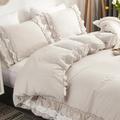 Wotcsil Beige Ruffle Bedding Set for Women Girls Ruffled King Duvet Cover Set Plain Duvet Cover Shabby Chic Retro Double-Layer Frill Edge Design with Pillowcase