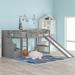 Stairway Twin Size Loft Bed with Convertible Slide & Ladder,Solid Wood Low LoftBed w/Two Drawers & Storage Space Underneath,Gray