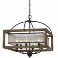 6 Bulb Square Chandelier with Wooden Frame & Organza Striped Shade Brown