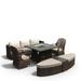 Brown 7 Piece PE Rattan Outdoor Square Fire Pit Dining Table and Chairs Set Daybed Ottoman Coffee Table