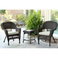 3 Piece Espresso Wicker Chair And End Table Set With Tan Chair Cushion