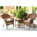 3 Piece Honey Wicker Chair And End Table Set With Brown Chair Cushion