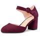 NobleOnly Women Chunky Block Mid Heel Two-Piece Buckle Round Toe Pumps Court Shoe Clear Cute Wedding Office Shoes 6.5 CM Heels Burgundy Wine Red Suede 3 UK