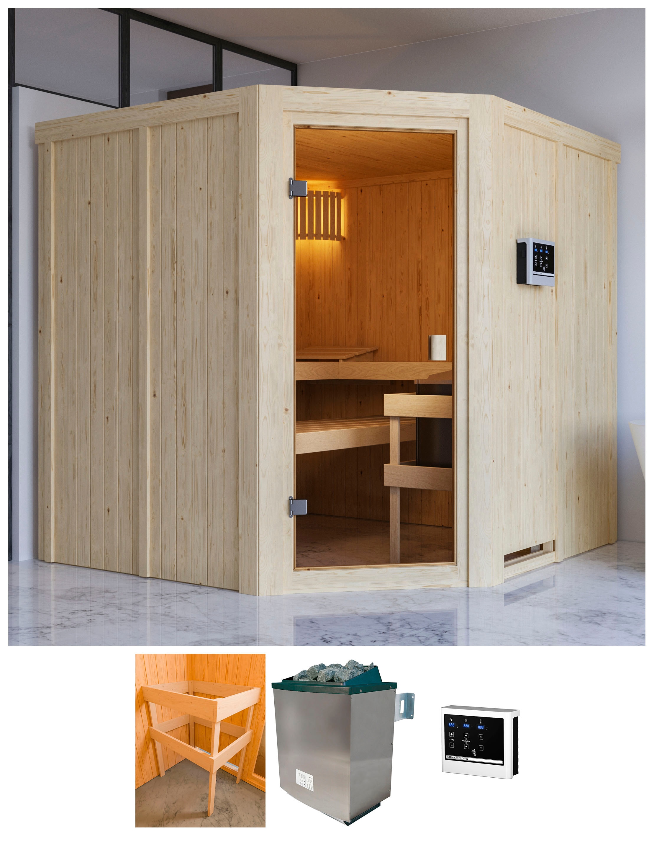 Sauna KARIBU "Kotka", beige (natur), Bio-Ofen, externe Steuerung, 9 kW, Saunen, mit Ofen 9 kW Bio mit ext. Strg. Image
