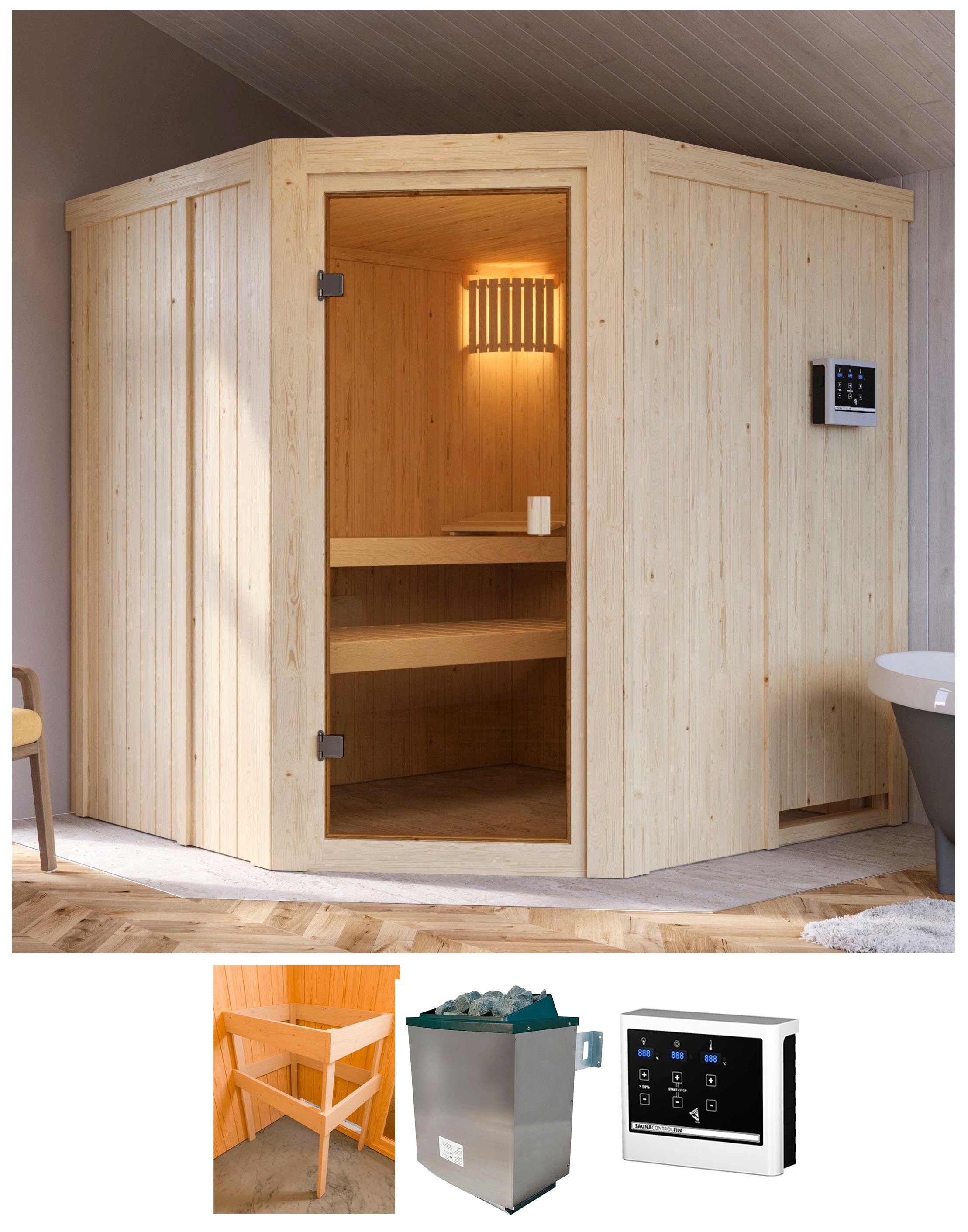 Sauna KARIBU "Bodo", beige (natur), Saunaofen, externe Steuerung, 9 kW, Saunen, Ofen 9 KW externe Strg easy