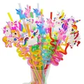 8pcs 26cm Cartoon Unicorns/Fire Truck/Car/Hawaii Beach Plastic Drinking Straws Reusable Spiral