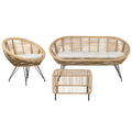 3-Sitzer Lounge Set Natürlich Rattan 3-Teilig Gartensofa Gartenstuhl Couchtisch mit Schwarzem Metallgestell Auflagen Hellbeige Boho Outdoor