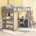 Gray Full Size Loft Bed with 4 Layer Shelves & Built-in Ladder &Safety Guard Rails & Leisure Office Desk, for Dorm Bedroom