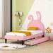 Upholstered Leather Platform Bed, Cute Bed Frame with Rabbit-Shape Headboard & 2 Drawers for Kids Children, No Box Spring Needed