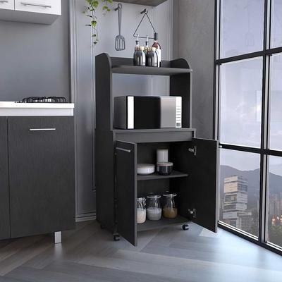 Black Kitchen Island Cart with 2 Doors, Microwave Shelf on Wheels