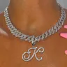 Iced Out Bling Zircon Cursive Letter Pendant Necklace For Women Men 14MM Prong Cuban Chain Initial