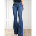 Moda donna semplice bottone Decor gamba svasata pantaloni lunghi in Denim Jeans a zampa Jeans donna