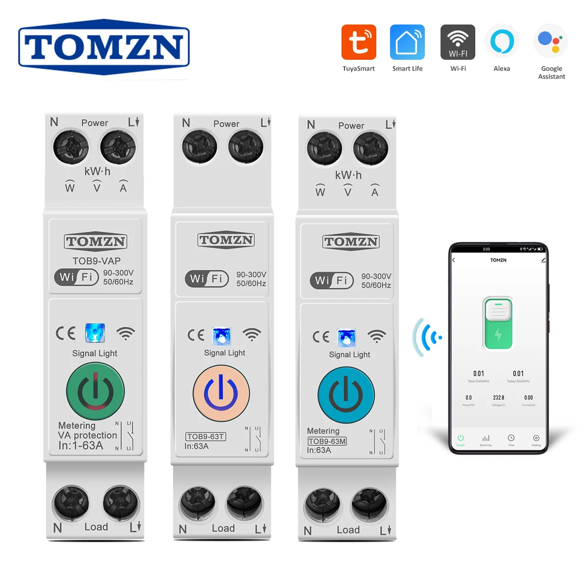 TOMZN 63A 1P + N WIFI Smart Switch Contatore di energia Kwh Misurazione Monitoraggio Interruttore Relè timer MCB TUYA smartlife