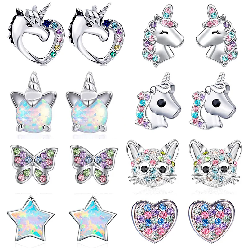 Orecchini gatto cartone animato per bambini Ragazze Cristallo Unicorno Stella Farfalla Arcobaleno Cuore Zircone Orecchini a bottone Gioielli per bambini per regali di amici