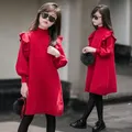2024 autunno primavera bambino pizzo bambino ragazze vestiti rosso lavorato a maglia volant