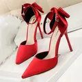 BIGTREE Scarpe Fiocco Donna Décolleté Tacchi alti in seta Scarpe da donna Stiletto Scarpe da sposa rosse Tacchi da donna Sandali da donna 8 cm e 10 cm