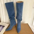 Stivali di Jeans con tacco alto pieghettato per donna 2023 Jeans autunnali stivali da Cowboy alti al