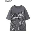 Zevity moda donna effetto lavaggio Cool Girls stampa colore grigio maglietta Casual femminile O