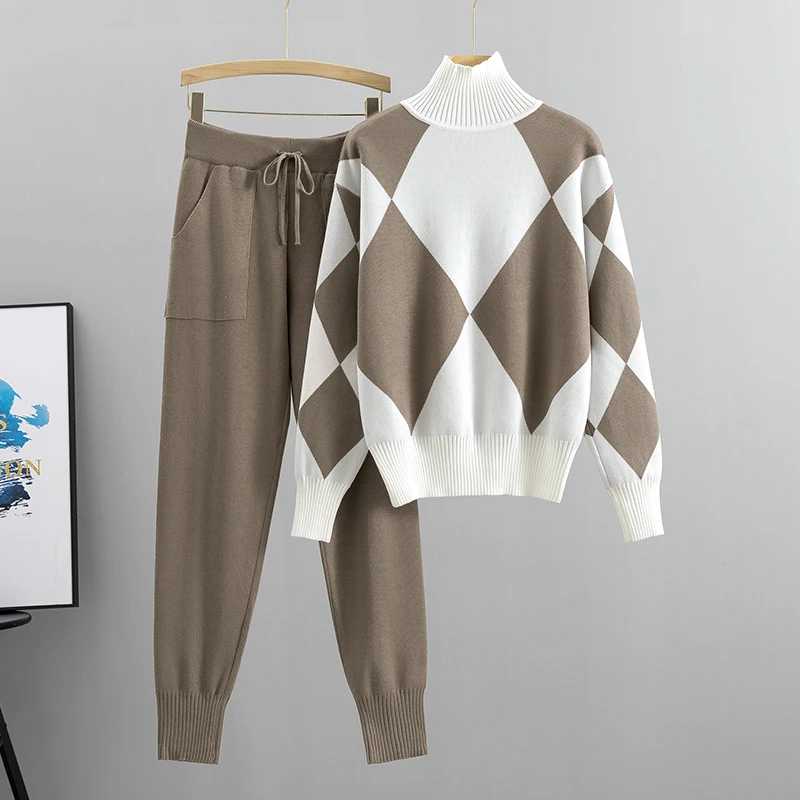 Set di tute maglione da donna Geomatric autunno inverno set di maglioni lavorati a maglia morbidi spessi + pantaloni lunghi Casual 2 pezzi tute da ginnastica