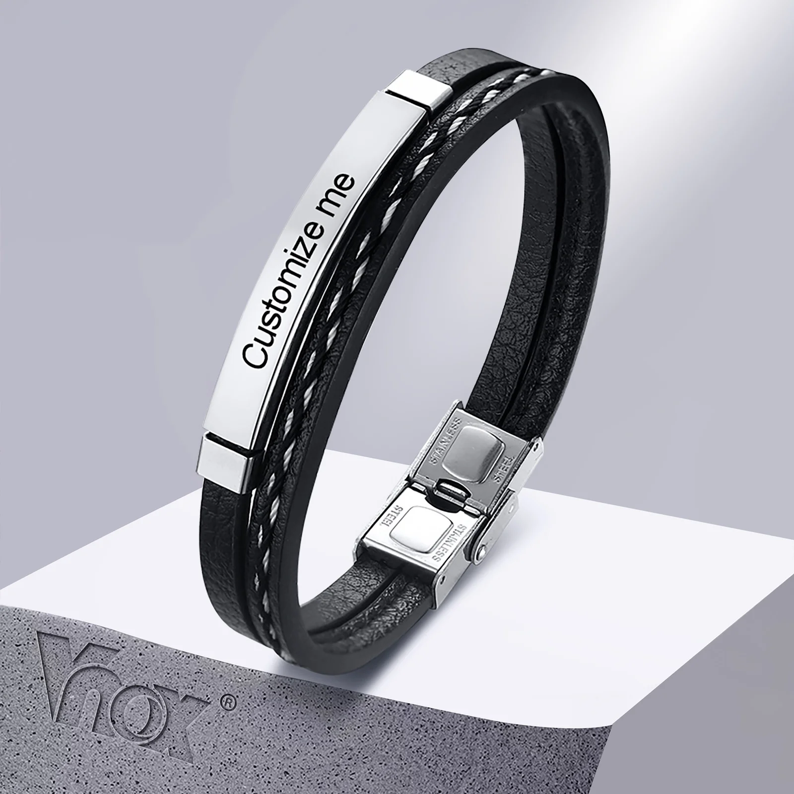 Vnox Bracciali in pelle multistrato per uomo Donna Bracciale personalizzato in acciaio inossidabile con incisione personalizzabile, regalo per papà per la festa del papà