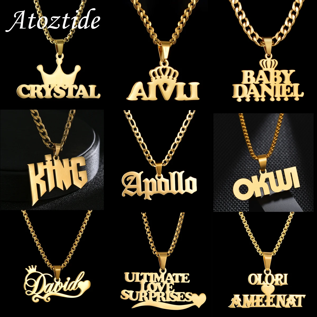Atoztide LC Collana con ciondolo con nomi personalizzati personalizzati Catena spessa cubana in acciaio inossidabile per uomo Donna Regalo di gioielli di compleanno