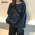 Jielur New Kpop lettera felpa con cappuccio moda coreana sottile Chic felpe da donna Cool blu Navy