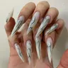 24pcs y2k unghie finte a punta lunga Cool Girl Style Silver Flame Pattern Press on Nails Detchable