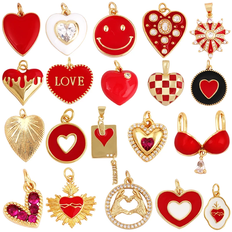 Nuovo in ciondolo a forma di cuore rosso, ciondolo vittoriano con zirconi d'amore sacro, moda faccia felice placcata in vero oro 18 carati per forniture per la creazione di gioielli