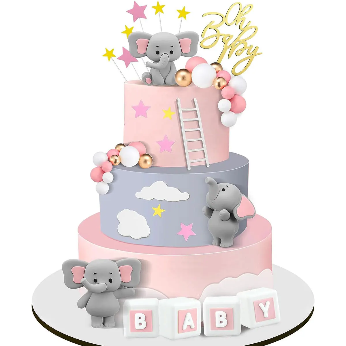 35 pezzi di toppers per torta con elefante rosa, mini decorazioni per torte, toppers per cupcake, palline di perle bianche rosa per compleanno di baby shower per ragazza