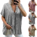 T-shirt da donna con paillettes scollo a V estate tinta unita manica corta Pullover Top per