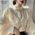 Autunno dolce allentato abbigliamento donna coreano camicetta bianca arruffata moda colletto alla