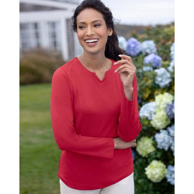 Appleseeds Women's Coastal Cotton Long Sleeve Notch-Neck Tee - Red - S - Misses