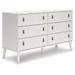 Nina 59 Inch 6 Drawer Wide Dresser, Brown Faux Leather Handles, White