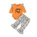 Toddler Kids Boys Girls Outfits Pumpkin Letters Prints Long Sleeves Romper Bell Bottom Pants 3pcs Set Outfits 6-12 Months