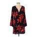 Fraiche by J Casual Dress - Mini V-Neck Long sleeves: Black Floral Dresses - Women's Size X-Small