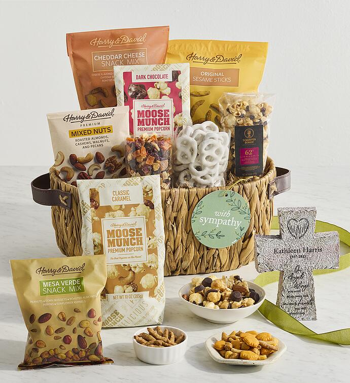 Sympathy Snacks Basket With Personalized Tabletop Cross, Family Item Gifts Keepsakes Personalized Gifts Food Gourmet Assorted Foods by Harry & David
