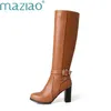 MAZIAO 2025 Plus Größe 34-43 Frauen Stiefel Quadratische Absätze Runde Kappe Kniehohe Stiefel Frau Schuhe Winter stiefel Schwarz Braun