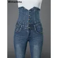 Sexy Super vita alta Skinny matita Jeans donna Streetwear Button Fly Denim pantaloni coreano Stretch