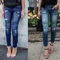 Jeans Skinny a vita media moda donna pantaloni Vintage in Denim invecchiato autunno pantaloni a