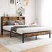 Queen Bed Frame with Storage Headboard, Metal Platform Bed with Charging Station, Bookcase Storage