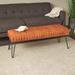 Brown Leather Upholstered Bench with Linear Tufted Panels and Black Metal Hairpin Legs