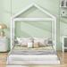 Full Size White Wood House Bed w/ Guardrail Floor Bed Upholstered Bed