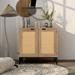 Mid Century Rustic Accent Natural Wood Storage Cabinet with 2 Rattan Doors for Living Room