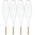 4 Pcs Metal Non-stick Mesh Clip Wooden Handle Grilled Fish Barbecue Clip BBQ Net Outdoor Barbecue Tool for Camping Picnic (Handle for Random)