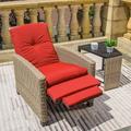 Domi Indoor & Outdoor Recliner All-Weather Wicker Reclining Patio Chair with Side Table Red Cushion (Red)