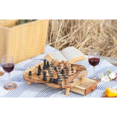 Large olive wood chess board with storage drawers