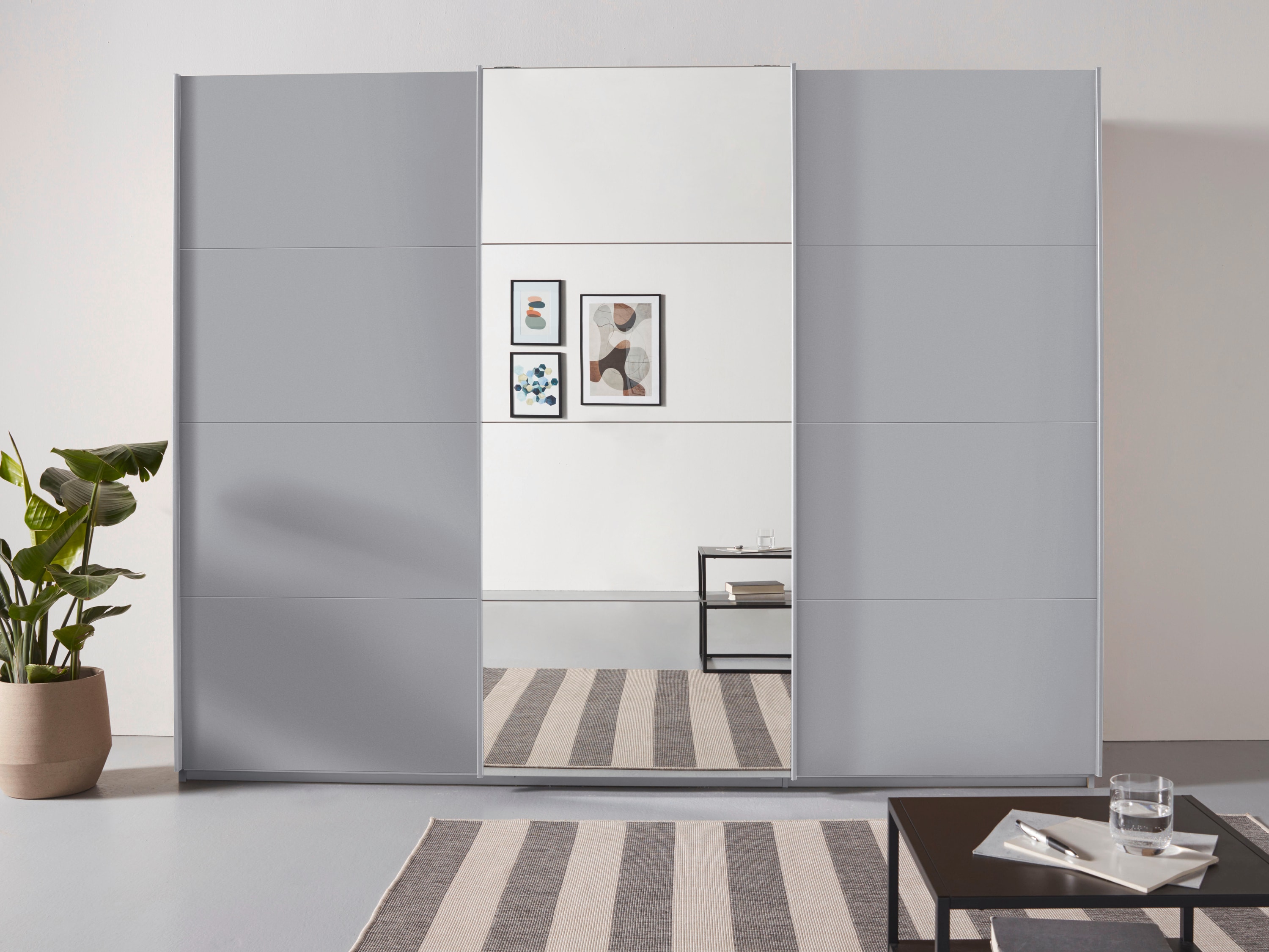 Schwebetürenschrank RAUCH "Kleiderschrank Schrank Garderobe Wäscheschrank Ankleide OTELI", grau (seidengrau), B:271cm H:229cm T:68cm, Holzwerkstoff, Schränke, mit Mittelspiegel, in verschiedenen Dekor- und Hochglanzfarben Image
