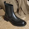 Hot Echtes Leder Frauen Stiefel Winter Slip-On Geschnitzt Brogues Chelsea Stiefel Starke Ferse Stiefeletten Frauen Schuhe Britischen stil