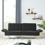 78" Black Velvet Futon Sleeper Sofa Bed w/ Folded Armrests & Pockets